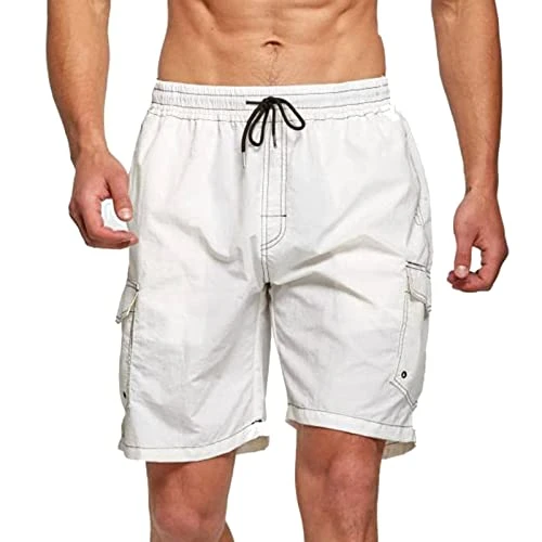Men's Sports Shorts, Striped Jogging Bottoms, Summer Tracksuit Bottoms with Pockets, Elastic Waistband, Breathable Shorts, Happy Shorts for Men, White, S