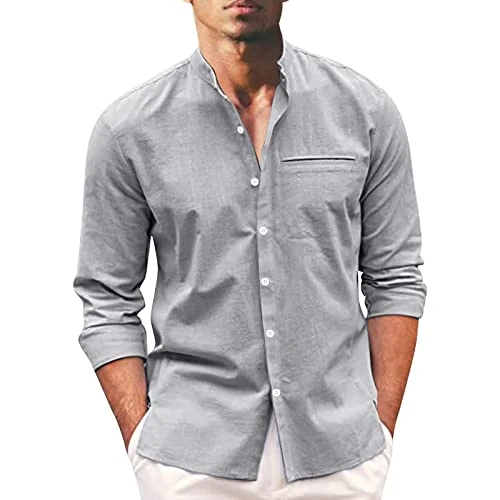 Mens Spring and Summer Fashion Casual Solid Color Cotton and Button Long Sleeve Shirt Top Mens Shirt