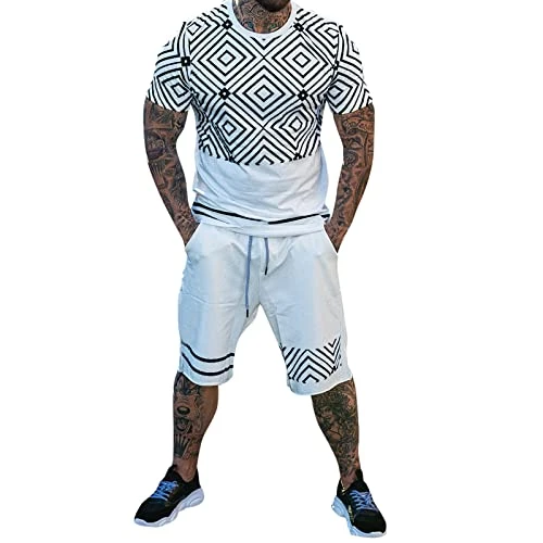 Men's Spring and Summer Two-Piece Top Short Set Graphic Print O Neck Shirt Short Sleeve Fitness Fash