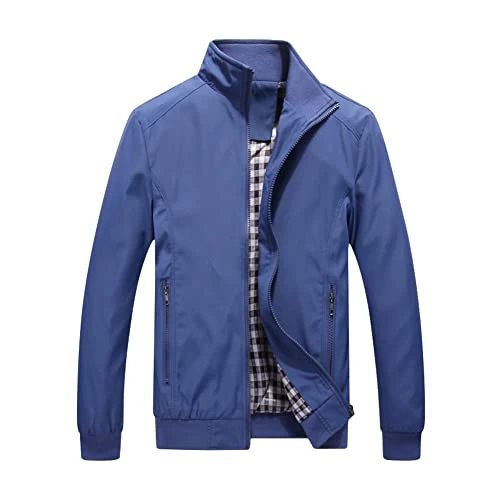 Men's Spring Fall Jacket Bomber Jackets Zipper Windbreaker Outwear Stand Collar Casual Leisure Jackets Blue2 5XL