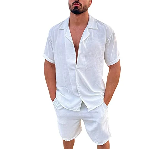 Men's Spring Summer 2 Piece Beach Short Sleeve Linen Shirts & Shorts Trousers Sets with Pockets Ligh