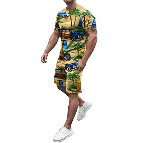 Men's Spring Summer Outfit Beach Short Sleeve Printed Shirt Short Suit 2 Piece Shirt Trouser Suit wi