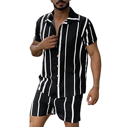 Men's Spring Summer Two-Piece Beach Short Sleeve Shirt Shorts Set with Pocket Fashion Loose Set Dres