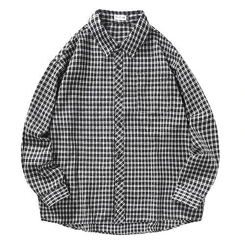 Men's Spring Vintage Casual Loose Large Size Long Sleeve Shirt Pointed Collar Checked Shirt Jacket M