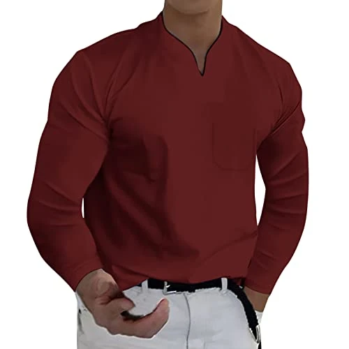 Men's Spring & Winter Casual V-Neck Solid Long Sleeve T-Shirt Top Blouse Black Men's Watch, red, S