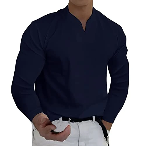 Men's Spring & Winter Casual V-Neck Solid Long Sleeve T-Shirt Top Blouse Jersey Men, black, L