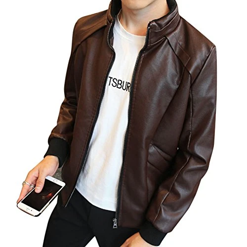 Men's Spring/Autumn/Winter Casual Zipped PU Leather Jacket Outerwear Stand Collar Bomber Coat L Brown