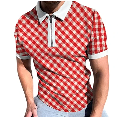 Men's Spring/Summer Short Sleeve Zip Plaid Print Casual Sports Suit Men's Wool, red, XXXL