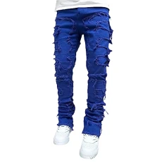 Mens Stacked Jeans Straight Leg Skinny Denim Pants Men's Casual Biker Trousers with Pockets Streetwear (A Royal Blue, S)