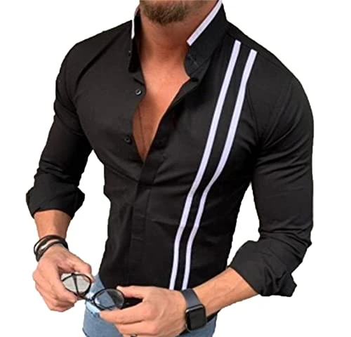 Men's Stand Collar Button Down Dress Shirt Fashion Long Sleeve Casual Shirts Black