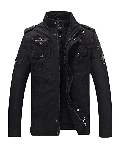 Men's Stand Collar Embroidery Jacket Cotton Pilot Coat Large Size Military Bomber Outerwear Black 5XL