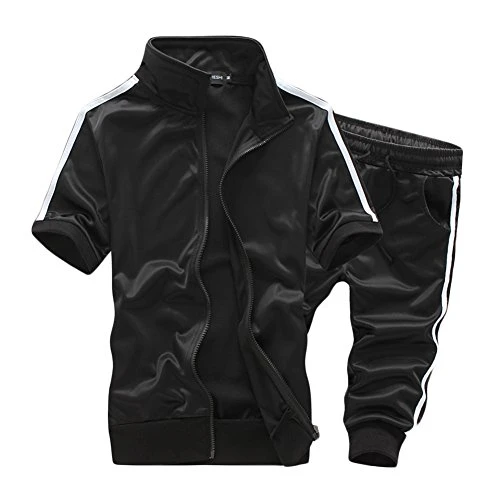 Mens Stand Collar Polo T Shirt with Zipper and Jogging Panta Short Sleeve Tracksuit Sport 2 Pieces Sets Black 4XL