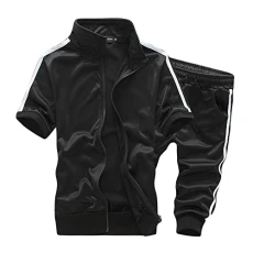 Mens Stand Collar Polo T Shirt with Zipper and Jogging Panta Short Sleeve Tracksuit Sport 2 Pieces Sets Black 4XL