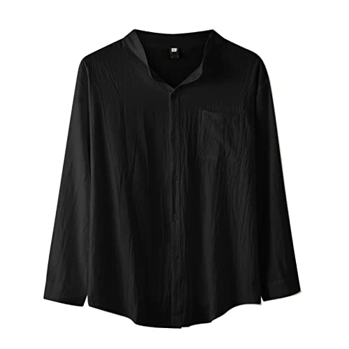 Men's Stand-Up Collar Top, Casual, Solid, Long-Sleeved Pocket Shirts, Single Breasted Fashion Top, S