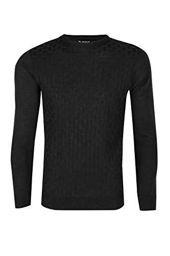 Mens Stitch Cable Knitted Ribbed Collar Crew Neck Long Sleeves Jumper Sweater Black