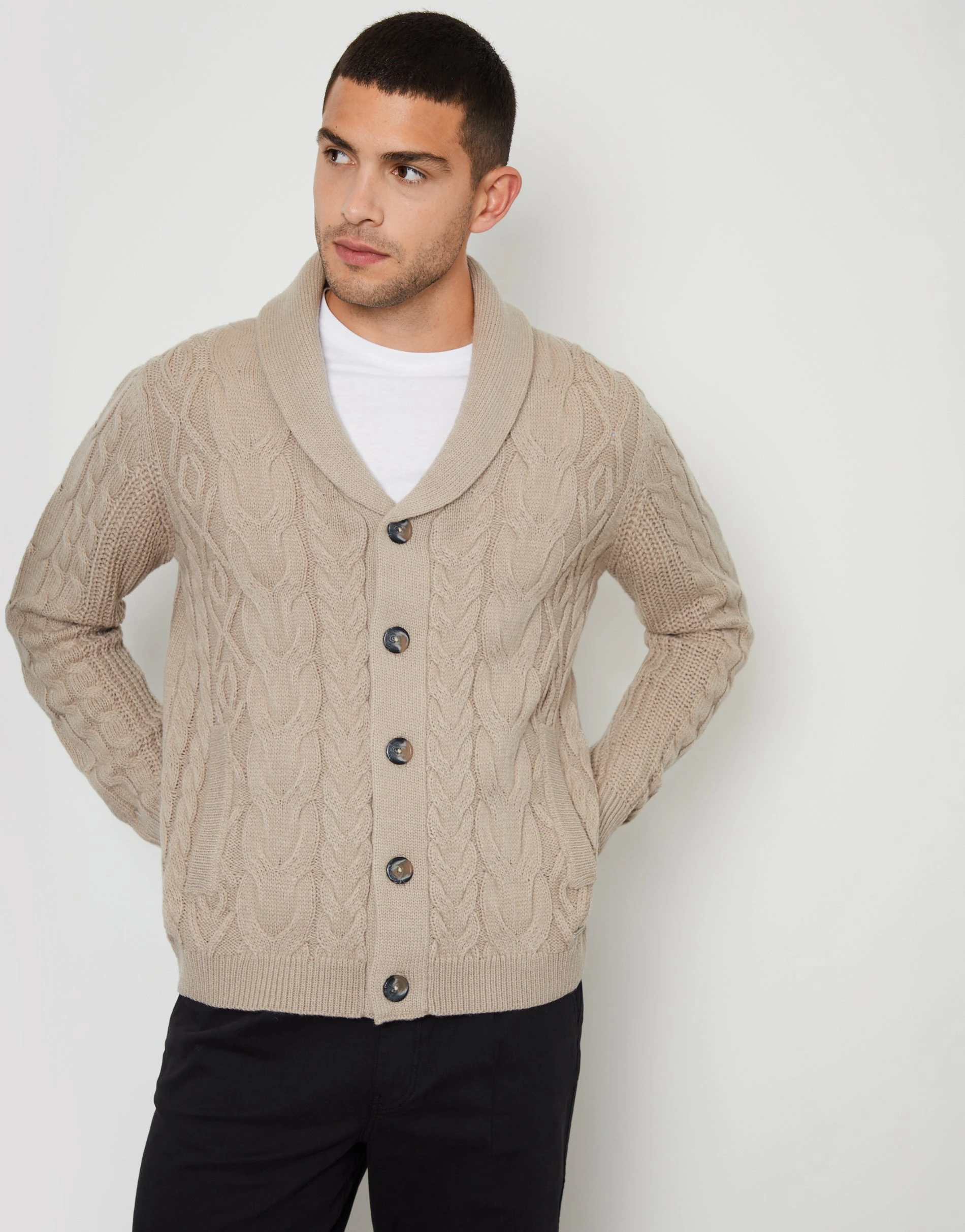 Men's Stone Cable Knit Shawl Cardigan