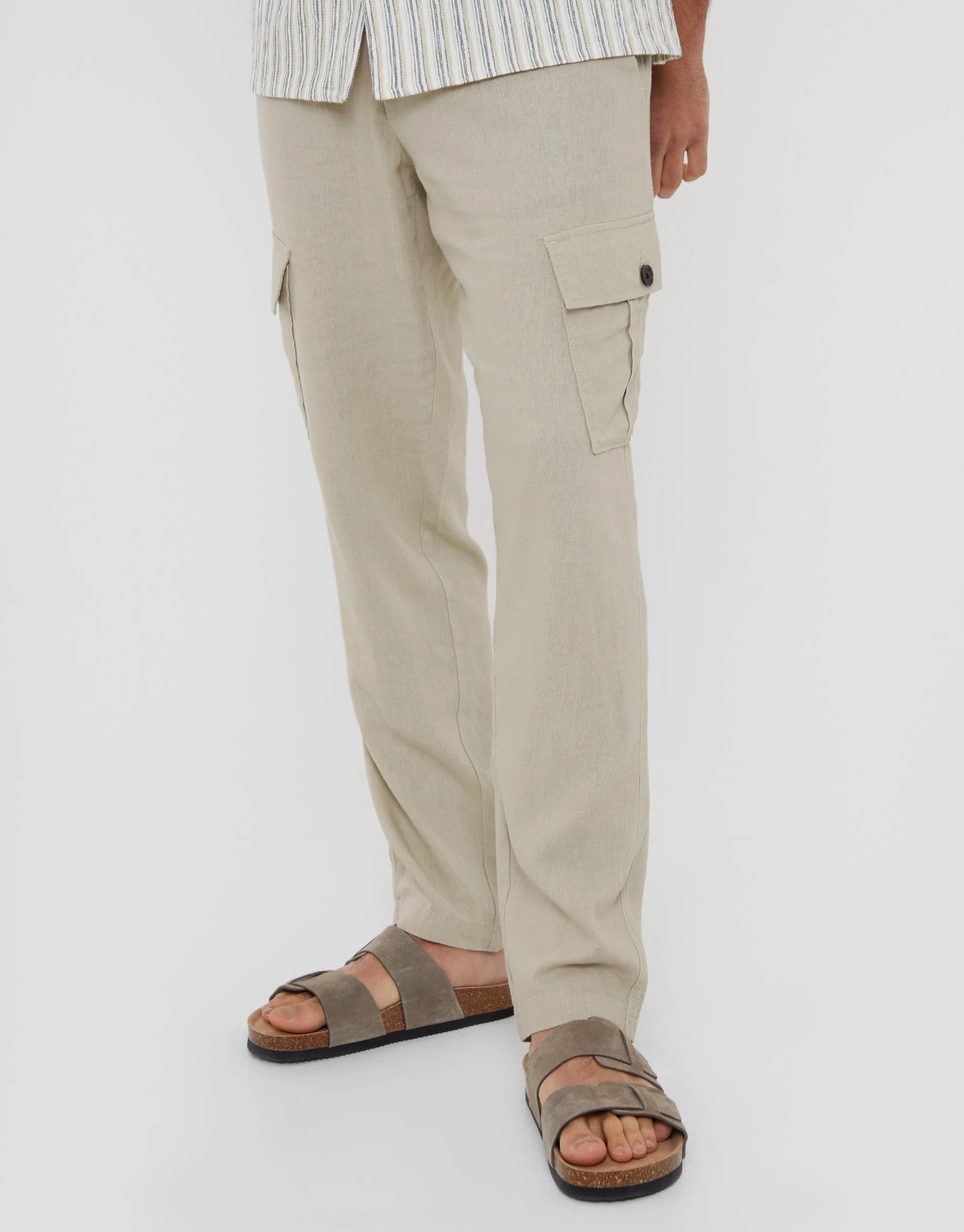 Men's Stone Linen Blend Cargo Trousers