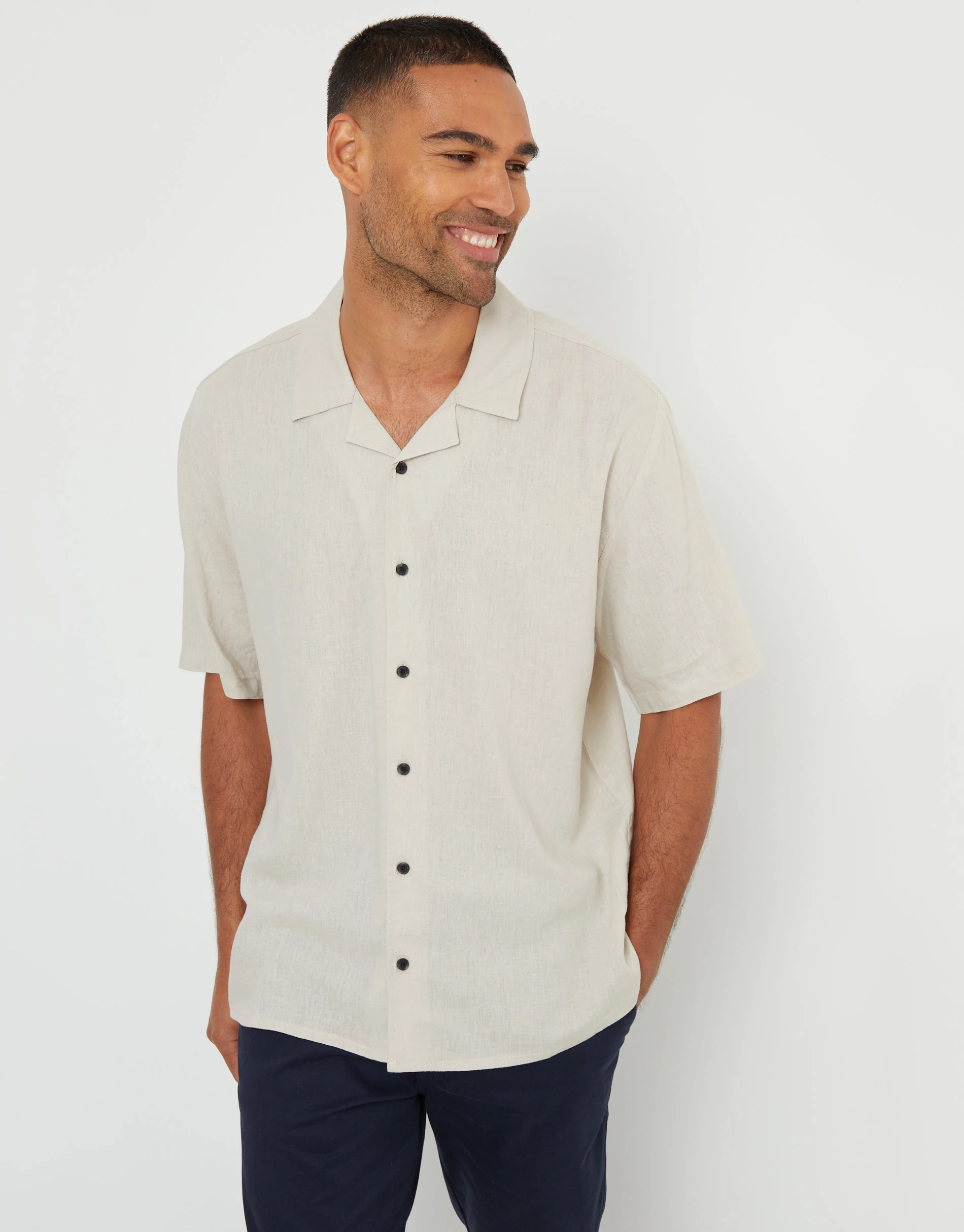 Men's Stone Linen Blend Revere Collar Short Sleeve Shirt