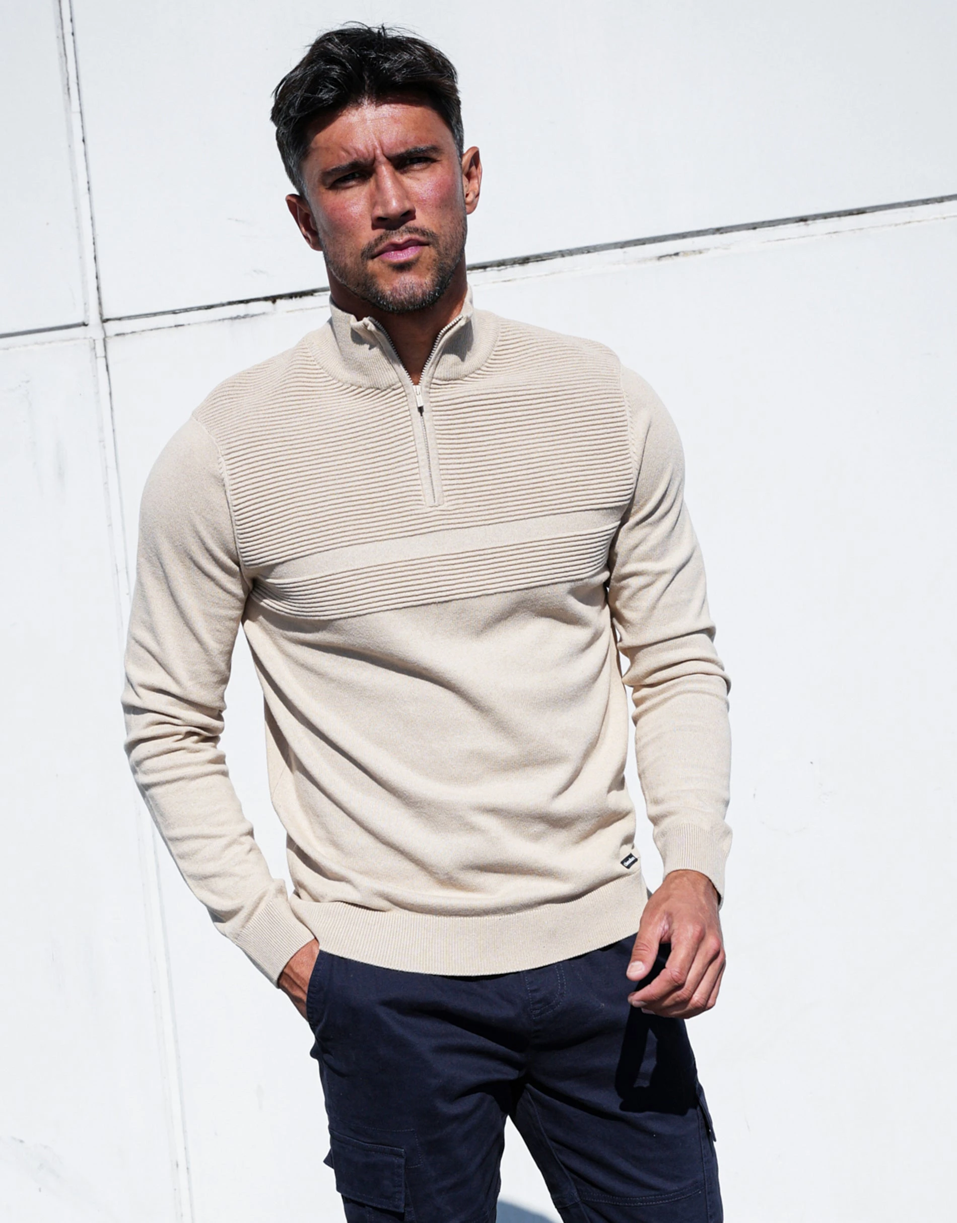 Men's Stone Rib Detail Knitted Quarter Zip Jumper