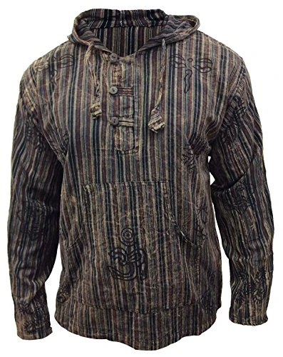 Mens Stonewashed Stripe Hooded Grandad Shirts Full Sleeve Hippy Lightweight Hoodie (3XL,Green)