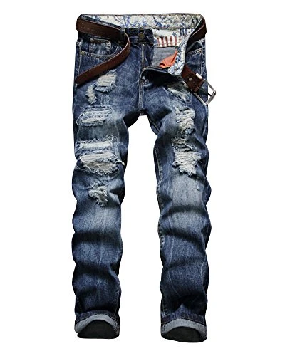 Men's Straight Jeans Patchwork Big Hole Denim Pants Street Style Straight Leg Trousers Light Blue 30