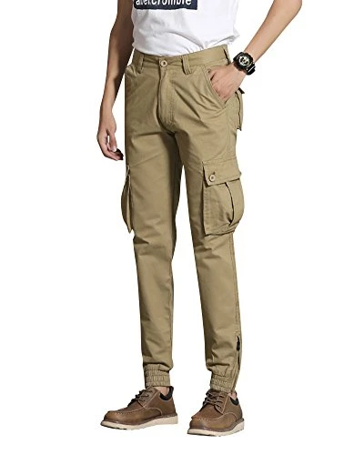 Mens Straight Leg Cargo Trousers with Multi Pocket Outdoor Casual Sport Long Pants Khaki 32