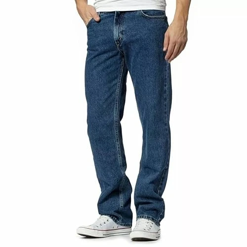 Mens Straight Leg Denim Jeans Comfortable Stylish & Classic Plain Fashion Hard Wearing Jean for Men Regular Fit Cotton Denim Pants Trousers, Dark Blue-48W / 27L
