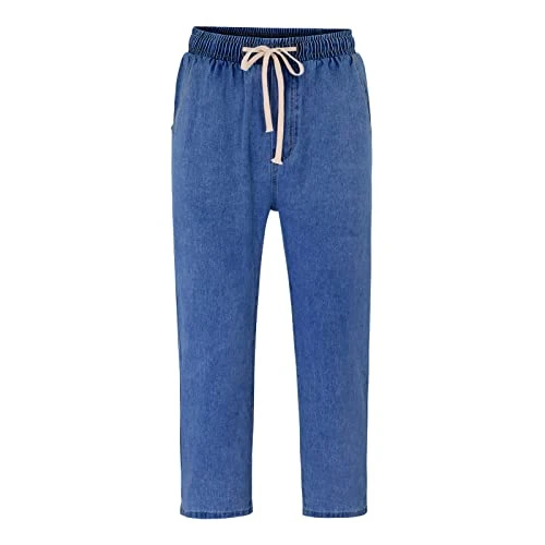 Mens Straight Leg Denim Pants Relaxed Fit Elastic Waist Drawstring Cotton Washed Distressed Denim Pants Classic Basic Heavy Duty Durable Work Utility Safety Trousers with Pockets
