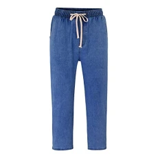 Mens Straight Leg Denim Pants Relaxed Fit Elastic Waist Drawstring Cotton Washed Distressed Denim Pants Classic Basic Heavy Duty Durable Work Utility Safety Trousers with Pockets