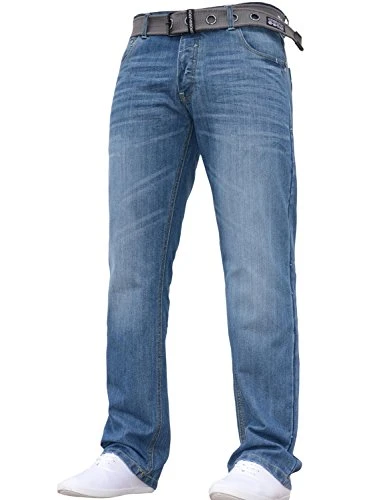 Mens Straight Leg Regular Fit Fashion Stylish Denim Jeans All Waist & Sizes Free Belt Mid Wash 38W X 34L