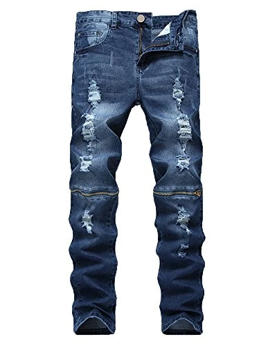Mens Straight Leg Slim Fit Ripped Jeans with Zipper Decoration Denim Jeans Pants Blue 40