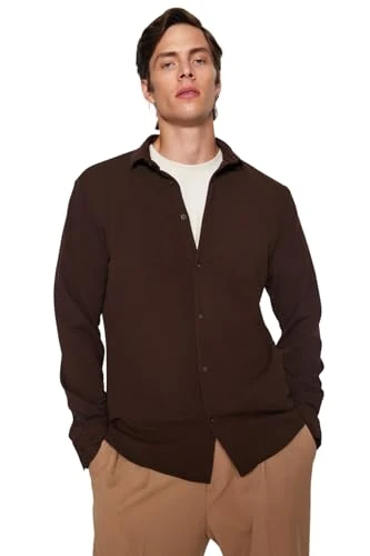 Men's Straight Long Sleeve Slim Shirt, Brown, XL