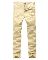 Mens Straight Slim Fit Jeans Vintage Ripped Broken Hole Jeans Trousers Khaki 31