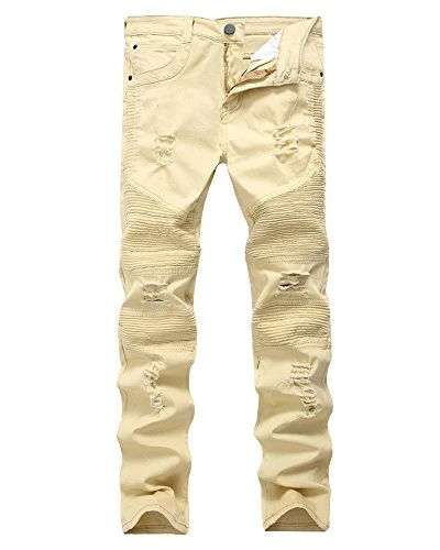 Mens Straight Slim Fit Jeans Vintage Ripped Broken Hole Jeans Trousers Khaki 31