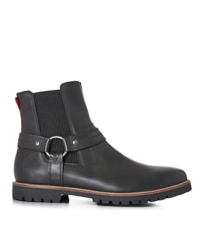 Men's Strap Detail Oiled Leather Biker Boots Ankle, Black, 9 UK