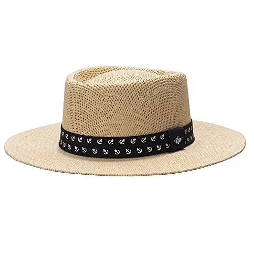 Men's Straw Fedora Hat Gambler, Tan/Navy, S-M