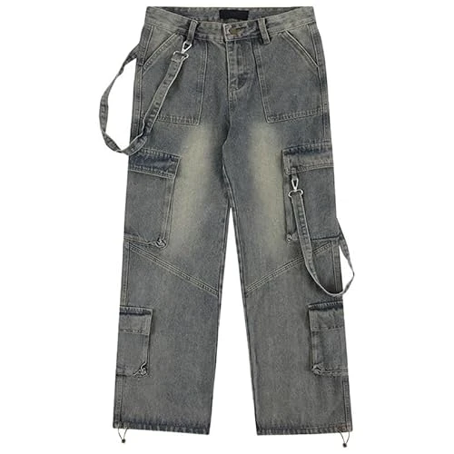 Men's Streetwear Cargo Jeans High Waist Straight Fit Wide-Leg Pants Retro Washed Denim Jeans Skatebo