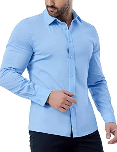 Men's Stretch Slim Fit Dress Shirts Solid Long Sleeve Button Down Casual Cotton Shirt, Blue, Medium