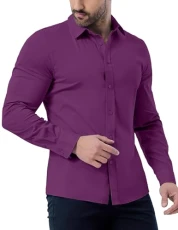 Men's Stretch Slim Fit Dress Shirts Solid Long Sleeve Button Down Casual Cotton Shirt, Dark Purple, 