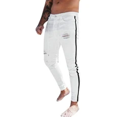 Men's Stretch Trousers Men's Fashion Casual Denim Straight Hole Trousers Distressed Jeans Long Trousers Jeans Men, White, 3XL