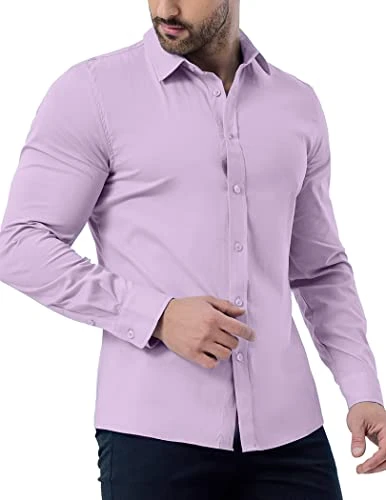 Men's Stretch Wrinkle-Free Dress Shirts Solid Long Sleeve Button Down Casual Cotton Shirt, Purple, X