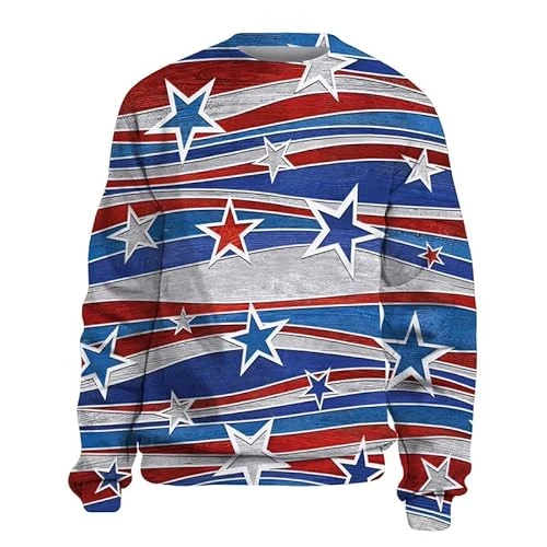 Men's Stripe and Stars Long Sleeve Crew Neck Sweatshirt Casual Graphic Print Loose Fit Sweatshirt To