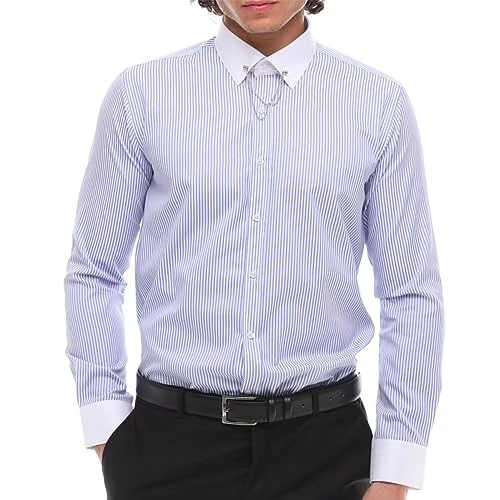 Mens Stripe Button Down Poplin Shirt with Bar & Chain Smart Formal Classic - Light Blue XL