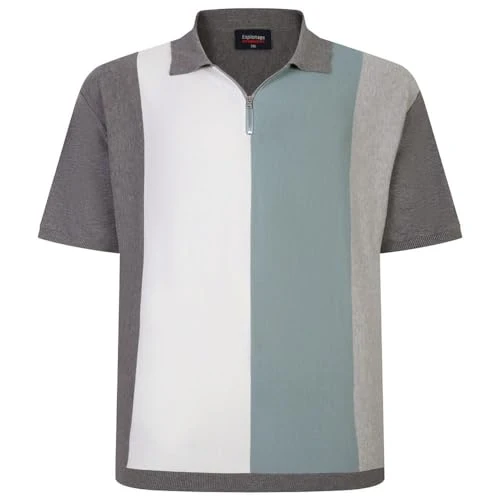 Men's Striped Knitted Polo with Zip Neck in Mid Grey 2XL