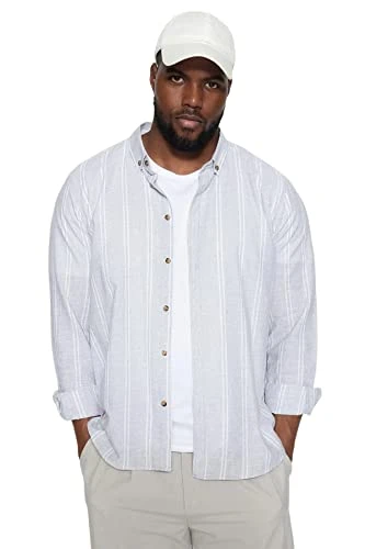 Men's Striped Long Sleeve Regular Plus Size Shirt, Gray, 3XL