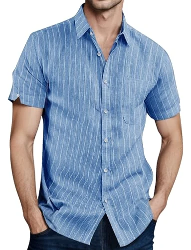 Mens Striped Short Sleeve Shirts Button Down Summer Beach Tops Casual Business Holiday Henley Shirts