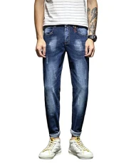 Men's Stylish Denim Tide Pants Straight Jeans Stretch Slim Fit Hole Jeans Small Feet Pants 1918 Blue 34