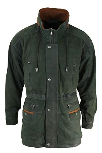 Mens Suede Genuine Safari Jacket Hunting Duffle Parka 3/4 Coat Classic Leather - Green 4XL