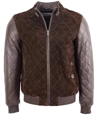 Mens Suede Leather Bomber Jacket Quilted Varsity Style Bradley Brown (S)