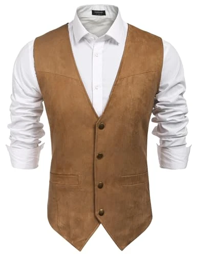 Men's Suede Leather Suit Vest Casual Western Vest Jacket Slim Fit Vest Waistcoat - - X-Large